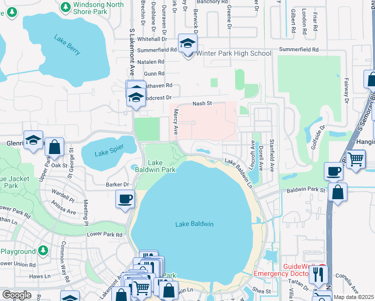 map of restaurants, bars, coffee shops, grocery stores, and more near 2837 Lake Baldwin Lane in Orlando
