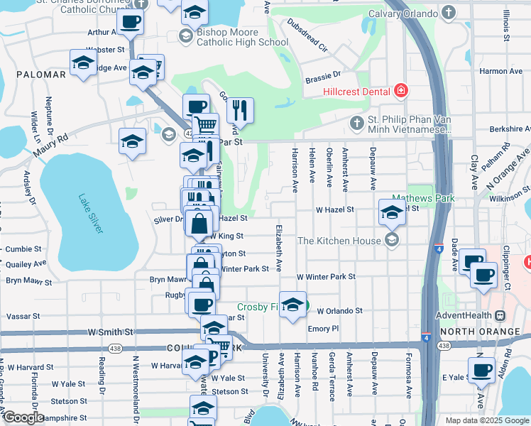 map of restaurants, bars, coffee shops, grocery stores, and more near 514 West Hazel Street in Orlando