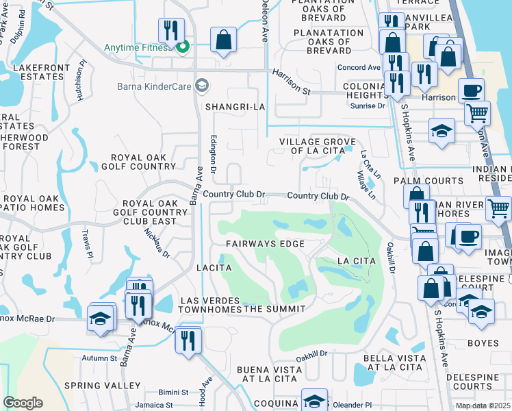 map of restaurants, bars, coffee shops, grocery stores, and more near 1217 Country Club Drive in Titusville