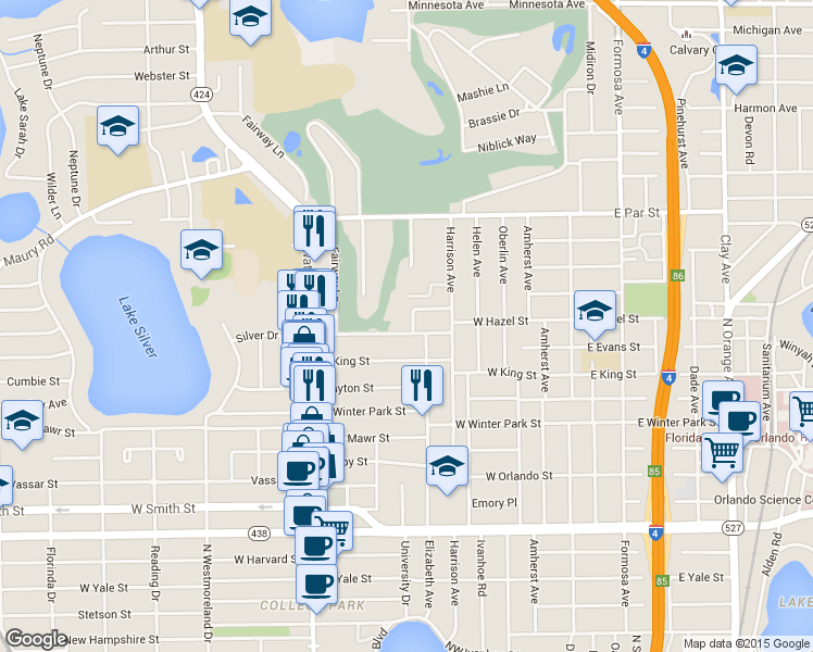 map of restaurants, bars, coffee shops, grocery stores, and more near 514 West Hazel Street in Orlando
