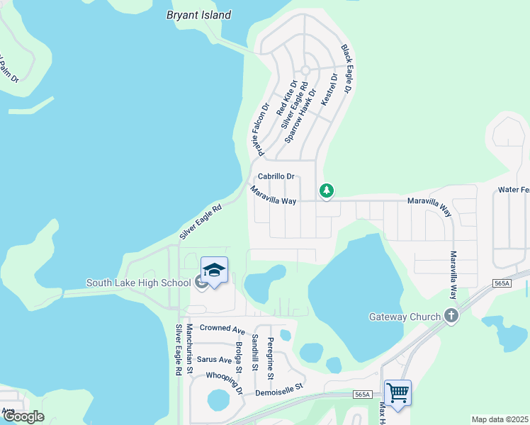 map of restaurants, bars, coffee shops, grocery stores, and more near 409 Nuestra Place in Groveland