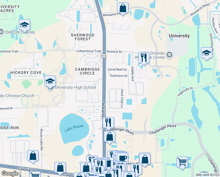 map of restaurants, bars, coffee shops, grocery stores, and more near 2744 Gray Fox Lane in Orlando