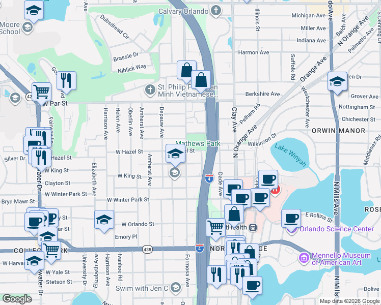 map of restaurants, bars, coffee shops, grocery stores, and more near 115 East Evans Street in Orlando