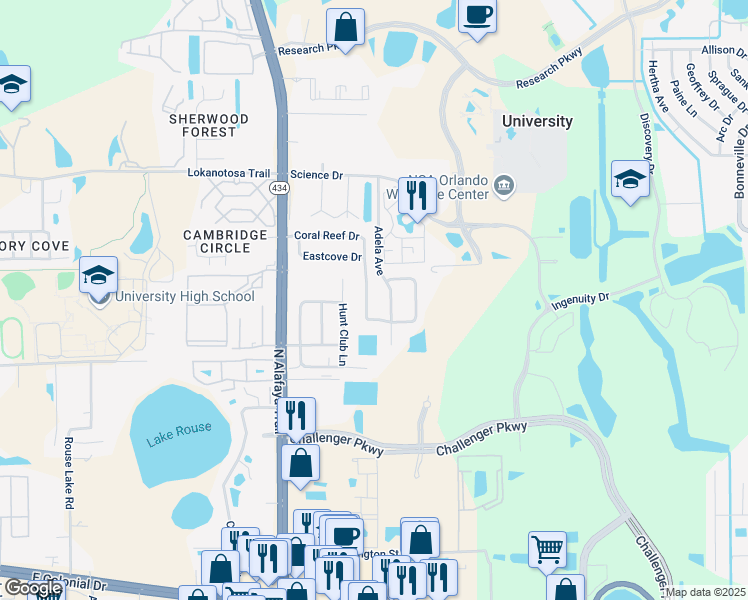 map of restaurants, bars, coffee shops, grocery stores, and more near 2749 Coral Reef Drive in Orlando