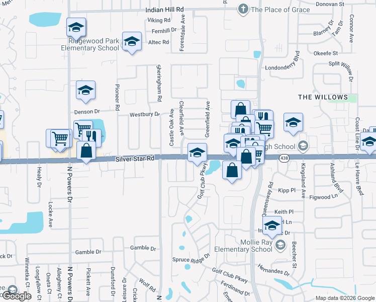 map of restaurants, bars, coffee shops, grocery stores, and more near 5583 Silver Star Road in Orlando