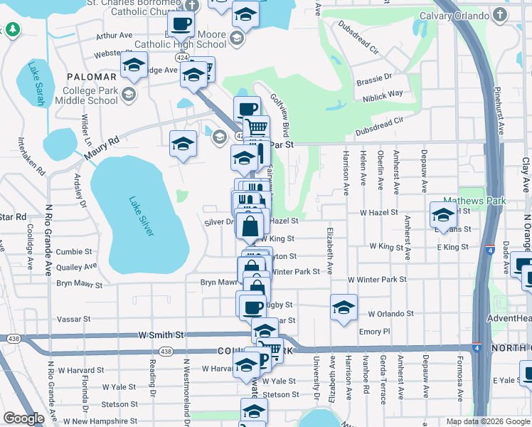 map of restaurants, bars, coffee shops, grocery stores, and more near 3007 Fairway Lane in Orlando