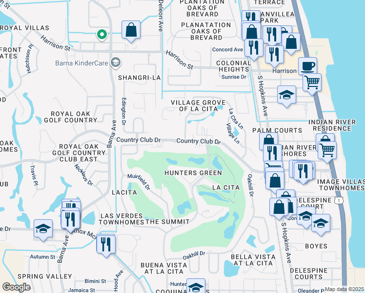 map of restaurants, bars, coffee shops, grocery stores, and more near 1057 Country Club Drive in Titusville