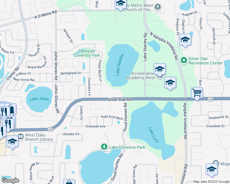 map of restaurants, bars, coffee shops, grocery stores, and more near 8505 Silver Star Road in Orlando