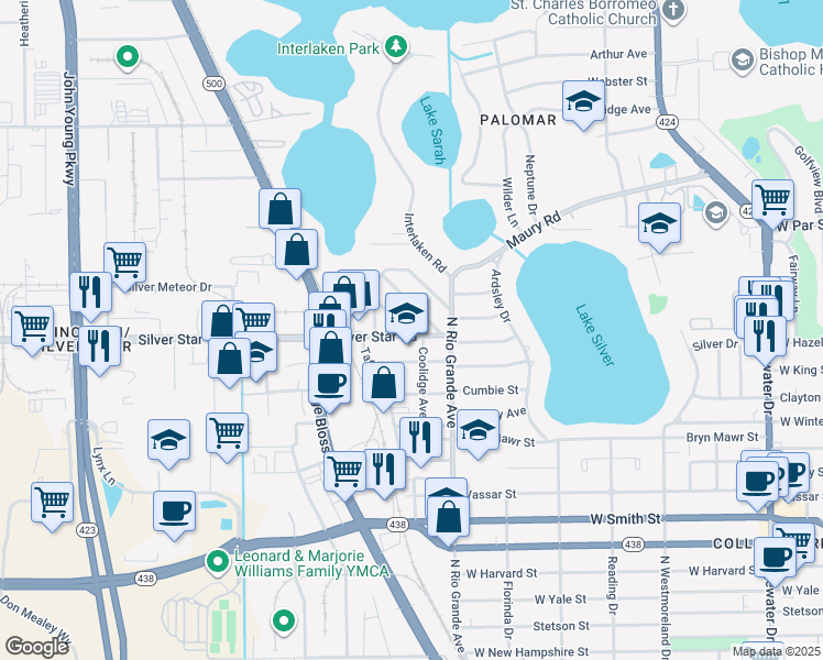 map of restaurants, bars, coffee shops, grocery stores, and more near 1525 Silver Star Road in Orlando