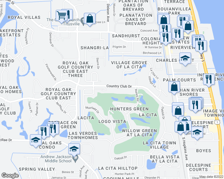 map of restaurants, bars, coffee shops, grocery stores, and more near 1105 Country Club Drive in Titusville
