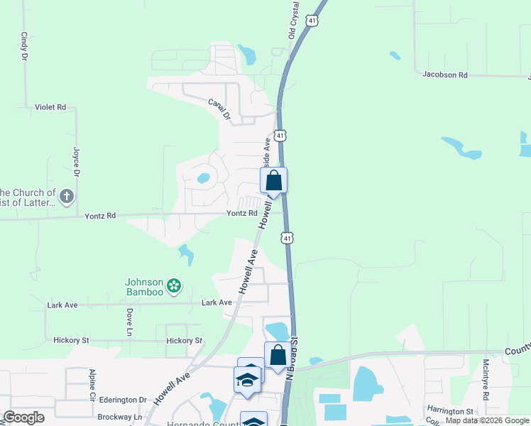 map of restaurants, bars, coffee shops, grocery stores, and more near Yontz Road in Brooksville