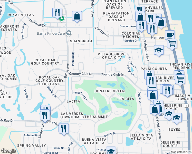 map of restaurants, bars, coffee shops, grocery stores, and more near 1105 Country Club Drive in Titusville
