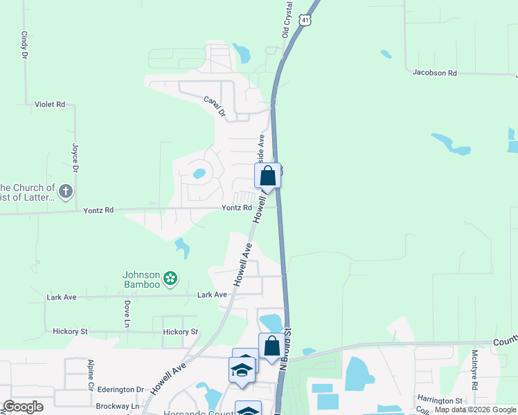 map of restaurants, bars, coffee shops, grocery stores, and more near 21298 Yontz Road in Brooksville