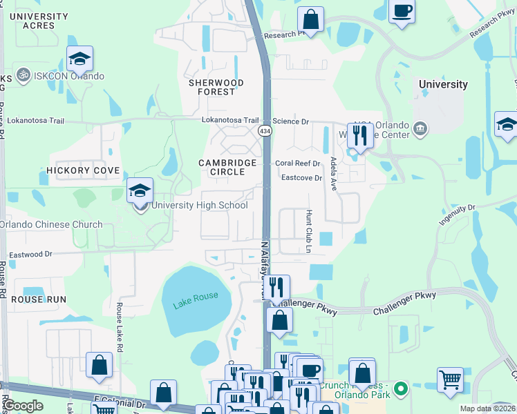 map of restaurants, bars, coffee shops, grocery stores, and more near 2737 Graduate Court in Orlando