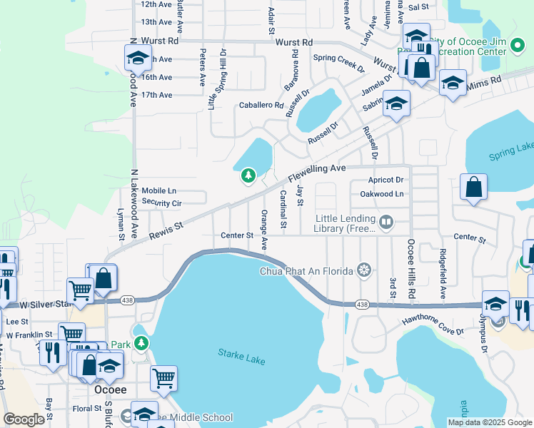 map of restaurants, bars, coffee shops, grocery stores, and more near 608 Cardinal Street in Ocoee