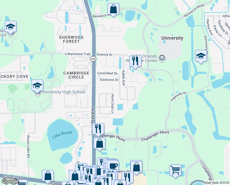 map of restaurants, bars, coffee shops, grocery stores, and more near 2744 Hunt Club Lane in Orlando