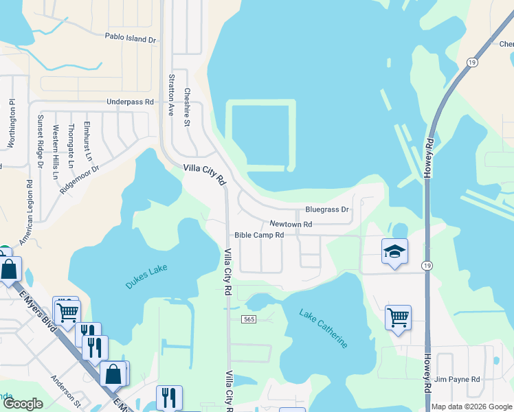 map of restaurants, bars, coffee shops, grocery stores, and more near 1072 Bluegrass Drive in Groveland