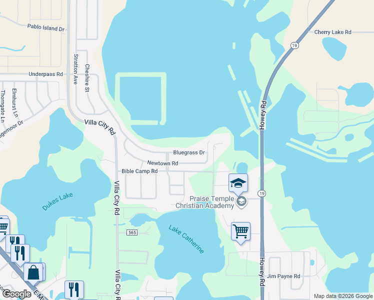 map of restaurants, bars, coffee shops, grocery stores, and more near 1125 Bluegrass Drive in Groveland