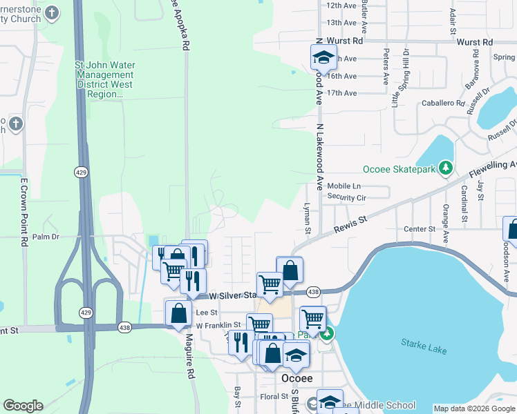 map of restaurants, bars, coffee shops, grocery stores, and more near 12 Lee Street in Ocoee