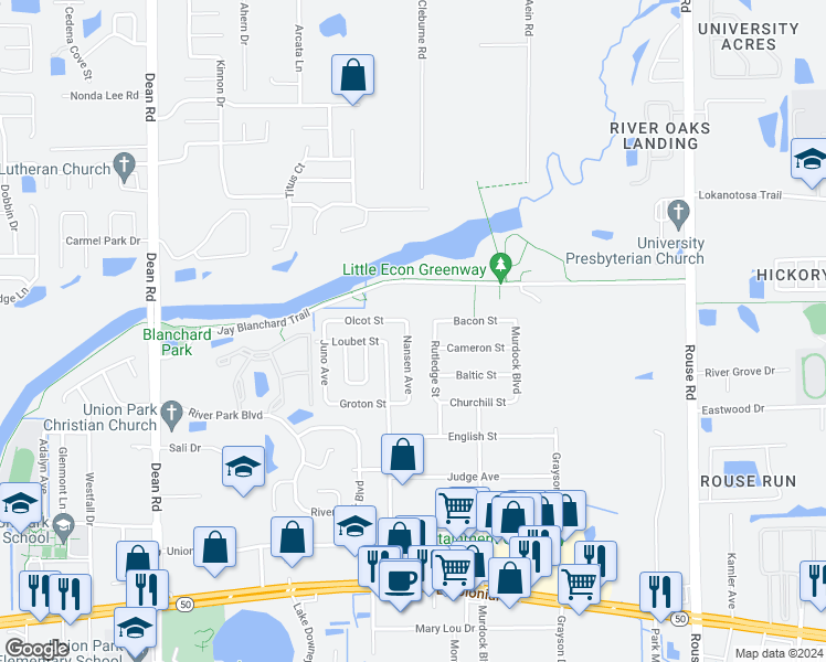 map of restaurants, bars, coffee shops, grocery stores, and more near 2411 Nansen Avenue in Orlando