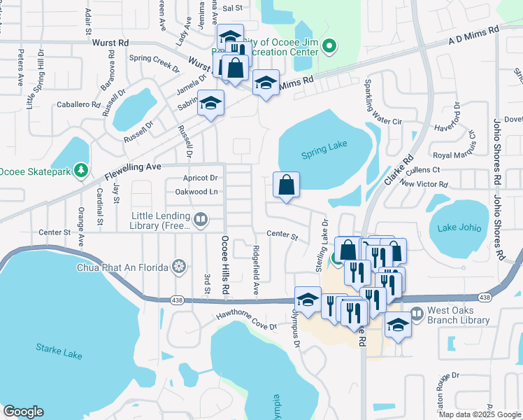 map of restaurants, bars, coffee shops, grocery stores, and more near 1287 Vickers Lake Drive in Ocoee