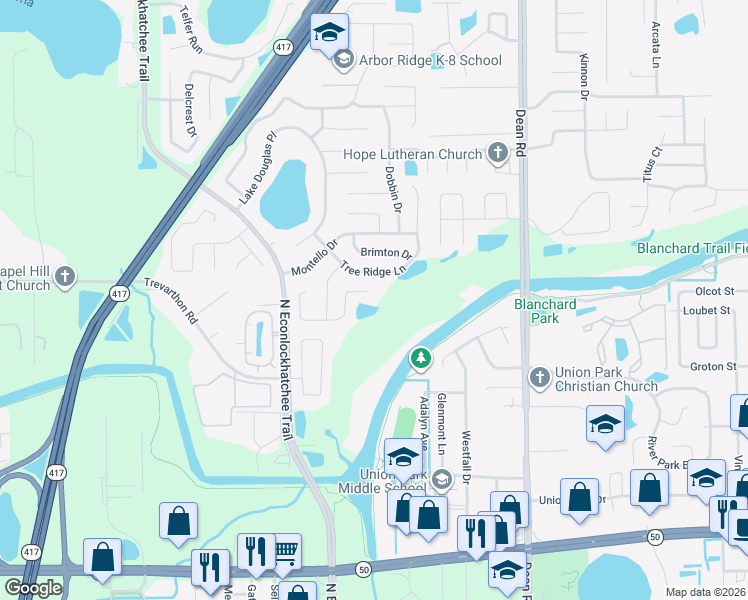 map of restaurants, bars, coffee shops, grocery stores, and more near 9568 Turkey Oak Bend in Orlando