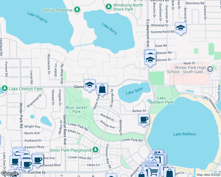 map of restaurants, bars, coffee shops, grocery stores, and more near 2904 Saint George Street in Orlando