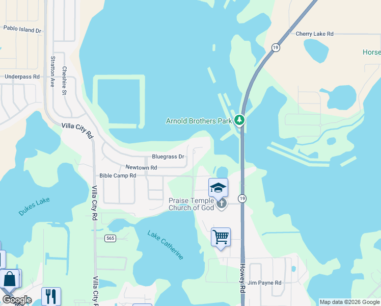 map of restaurants, bars, coffee shops, grocery stores, and more near 2100 Newtown Road in Groveland