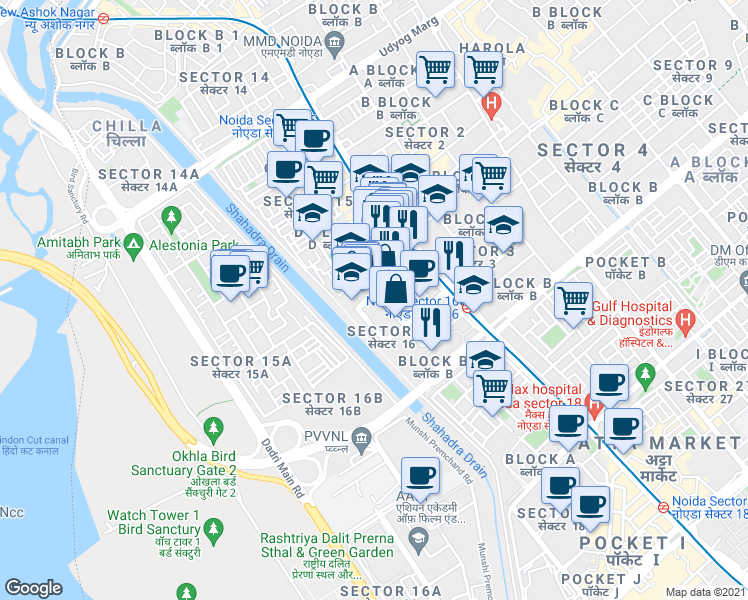 map of restaurants, bars, coffee shops, grocery stores, and more near 1 Delhi Noida Direct Flyway in Noida
