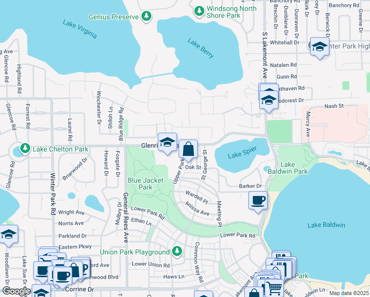 map of restaurants, bars, coffee shops, grocery stores, and more near 2951 Markham Place in Orlando