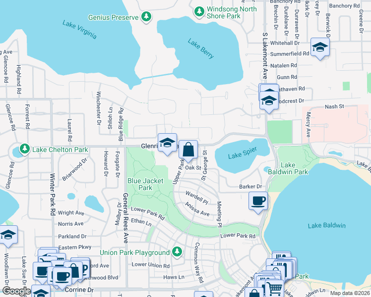 map of restaurants, bars, coffee shops, grocery stores, and more near 2951 Markham Place in Orlando
