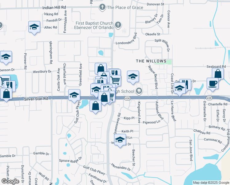 map of restaurants, bars, coffee shops, grocery stores, and more near 2704 North Pine Hills Road in Pine Hills
