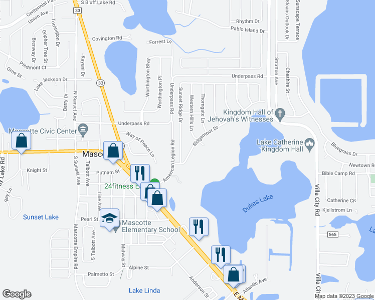 map of restaurants, bars, coffee shops, grocery stores, and more near 1635 Ridgemoor Drive in Mascotte