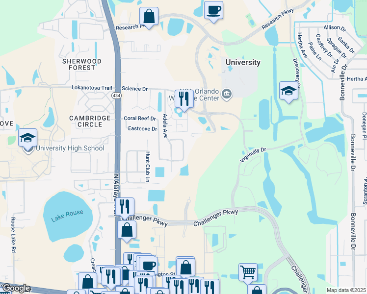 map of restaurants, bars, coffee shops, grocery stores, and more near 12347 Antonio Circle in Orlando