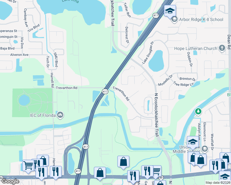 map of restaurants, bars, coffee shops, grocery stores, and more near 9106 Trevarthon Road in Orlando