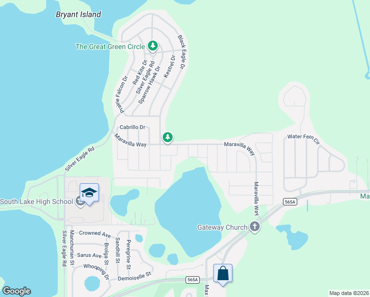 map of restaurants, bars, coffee shops, grocery stores, and more near 9399 Villanova Drive in Groveland