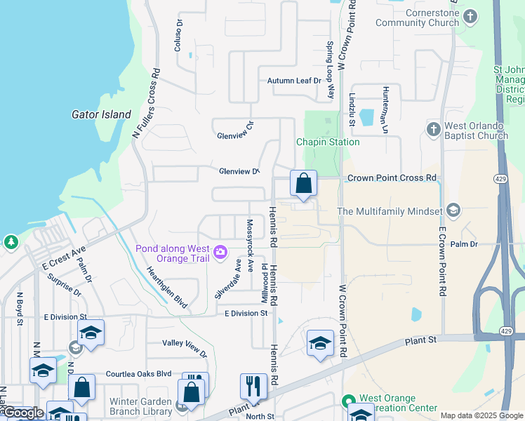 map of restaurants, bars, coffee shops, grocery stores, and more near 819 Meadow Glade Drive in Winter Garden
