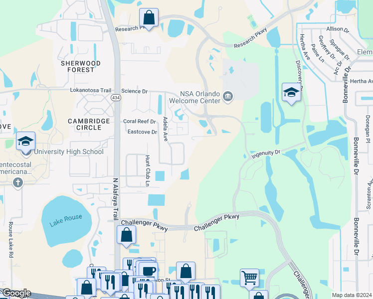 map of restaurants, bars, coffee shops, grocery stores, and more near 12349 Antonio Circle in Orlando