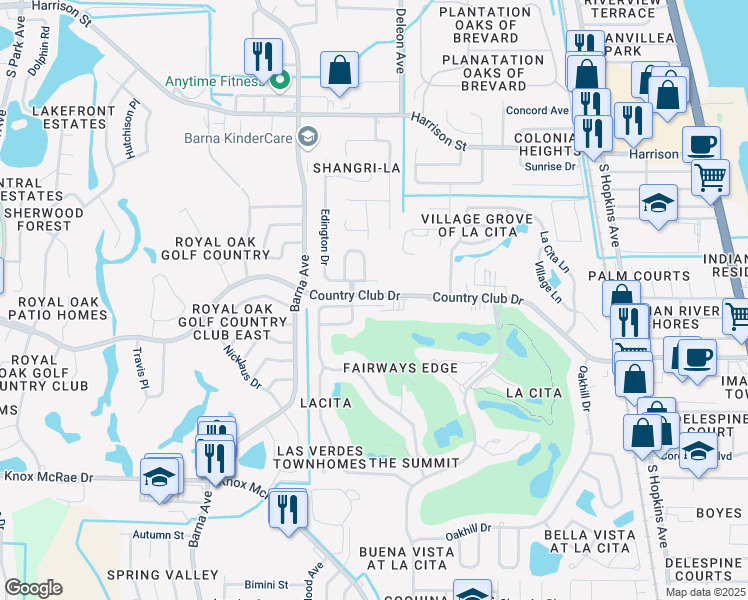 map of restaurants, bars, coffee shops, grocery stores, and more near 1217 Country Club Drive in Titusville