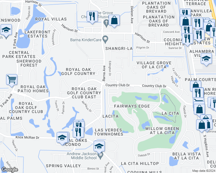 map of restaurants, bars, coffee shops, grocery stores, and more near 1400 Muirfield Drive in Titusville
