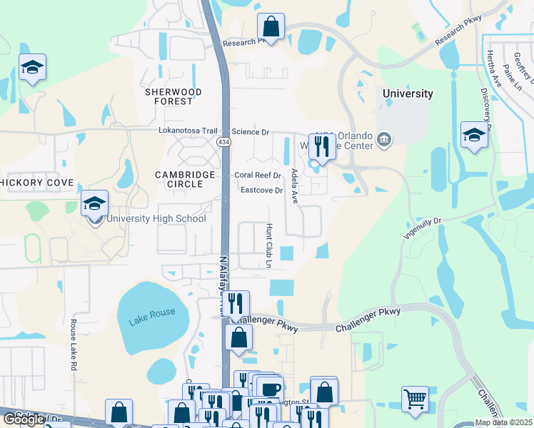 map of restaurants, bars, coffee shops, grocery stores, and more near 2834 Hunt Club Lane in Orlando