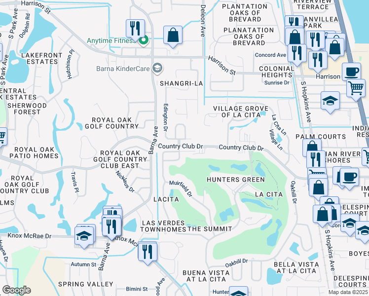 map of restaurants, bars, coffee shops, grocery stores, and more near 1233 Country Club Drive in Titusville