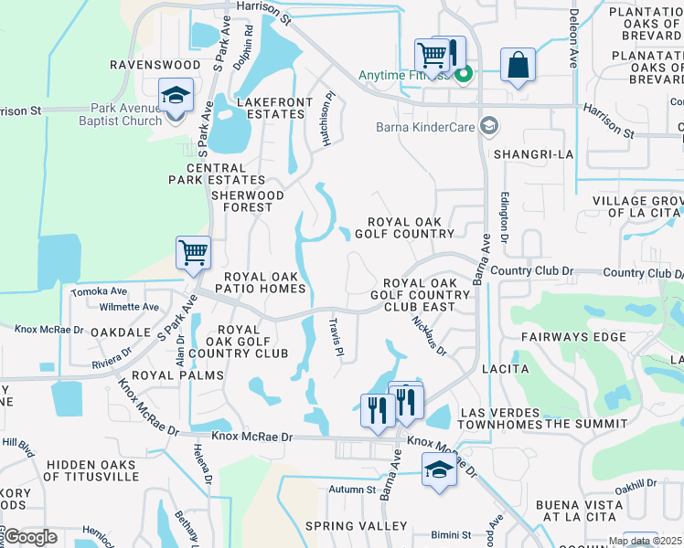 map of restaurants, bars, coffee shops, grocery stores, and more near 3480 Trevino Circle in Titusville
