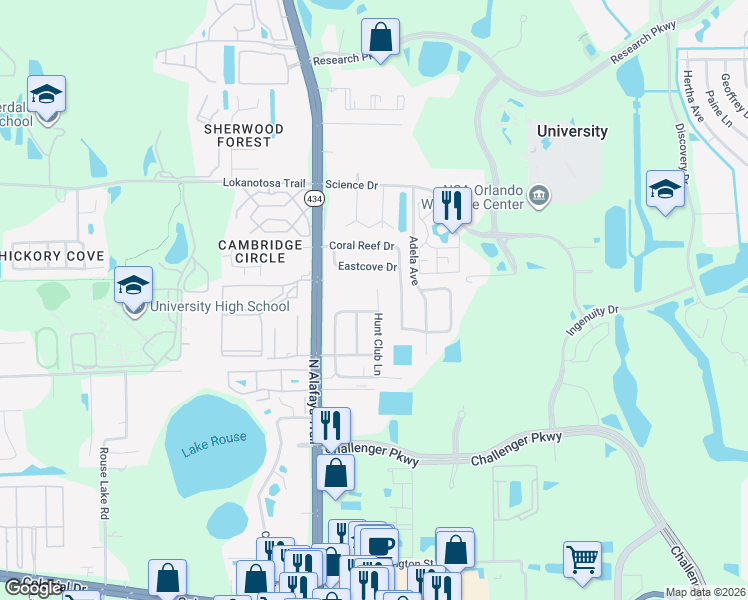 map of restaurants, bars, coffee shops, grocery stores, and more near 2834 Hunt Club Lane in Orlando