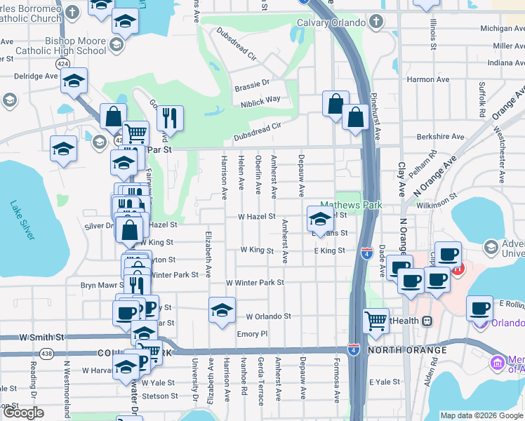 map of restaurants, bars, coffee shops, grocery stores, and more near 3104 Amherst Avenue in Orlando