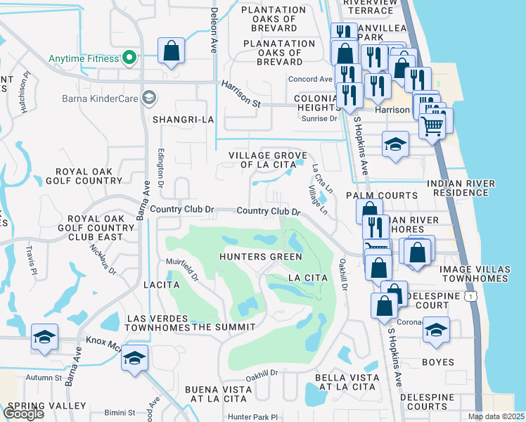 map of restaurants, bars, coffee shops, grocery stores, and more near 1027 Country Club Drive in Titusville