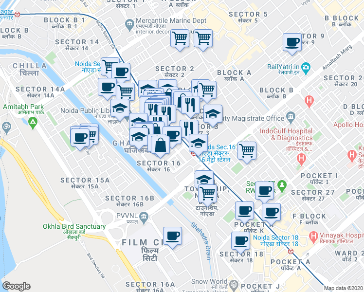 map of restaurants, bars, coffee shops, grocery stores, and more near in Noida