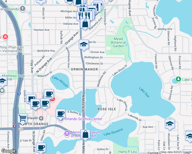 map of restaurants, bars, coffee shops, grocery stores, and more near 1235 Ayrshire Street in Orlando