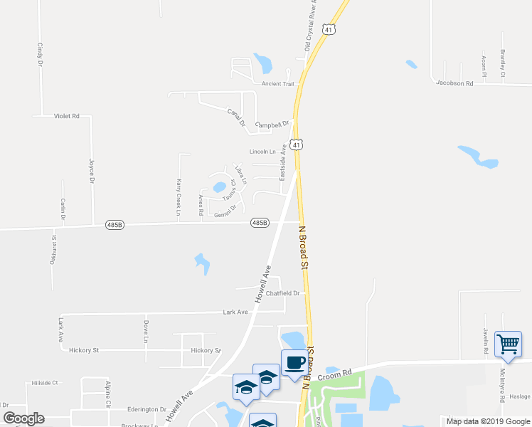 map of restaurants, bars, coffee shops, grocery stores, and more near 21355 Yontz Road in Brooksville