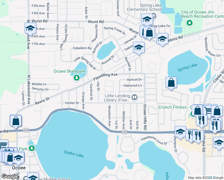 map of restaurants, bars, coffee shops, grocery stores, and more near 908 Hawaii Drive in Ocoee